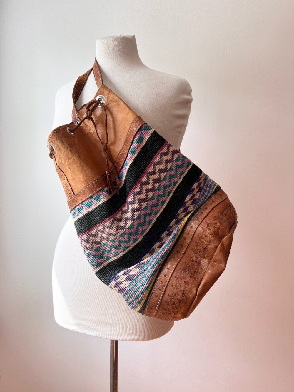 vintage Kilim brown leather back pack shoulder bag AS IS